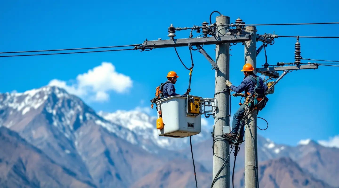 Visualización: linieros en un camión grúa sobre un poste de media tensión en la sierra