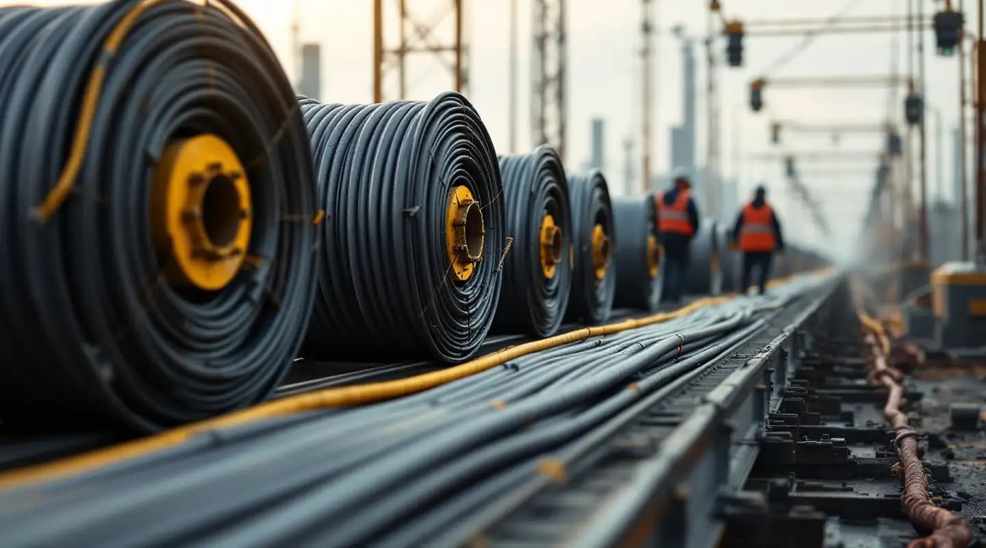 Visualización: carretes de cable tendidos sobre una bandeja en obra