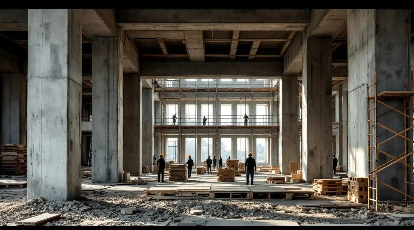 Visualización: edificio en construcción con columnas de concreto y andamios