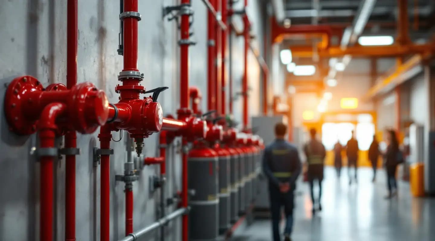 Visualización: red contra incendio con tuberías rojas y extintores en una nave