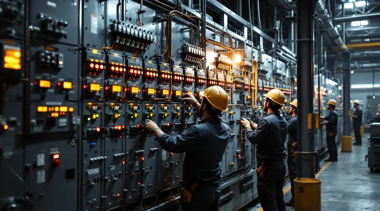 Visualización: electricistas cableando un tablero industrial