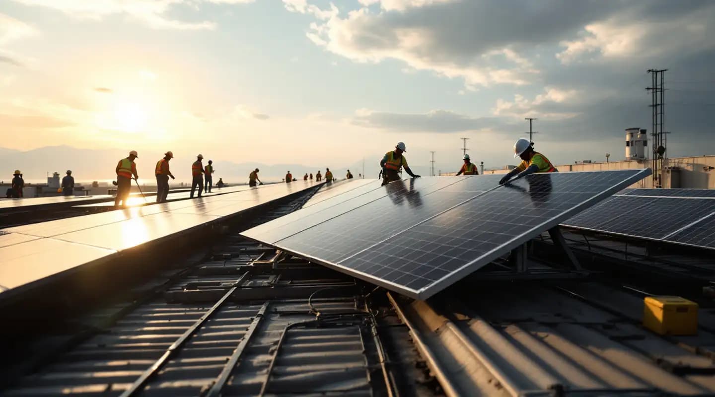 Visualización: paneles solares en el techo de una nave industrial