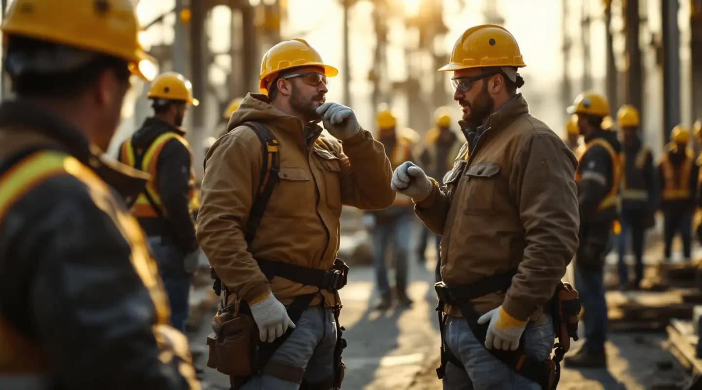 Visualización: trabajadores con casco, guantes y arnés al empezar el turno