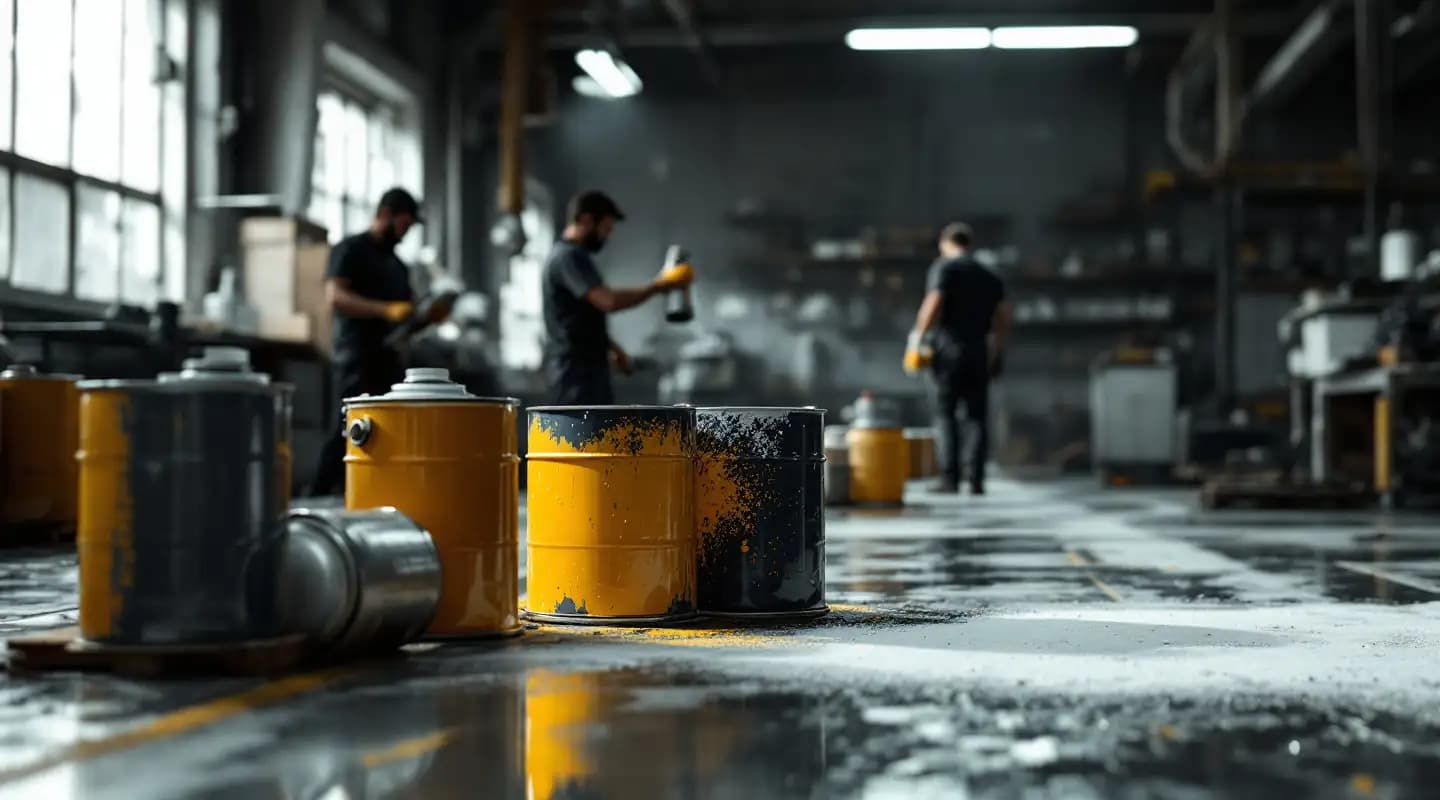 Visualización: taller de mantenimiento con cilindros de lubricante y pintura