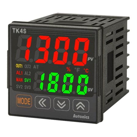Controlador de temperatura PID AUTONICS TK4S-T4CC · 4 dígitos con alarma, 100-240VAC, 48x48mm