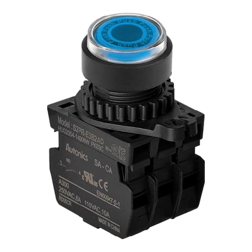 Cabezal de pulsador AUTONICS S2PR-P3Y · azul, T.Redondo ext, cabezal 22/25mm (solo cabezal: bloque de contactos aparte)