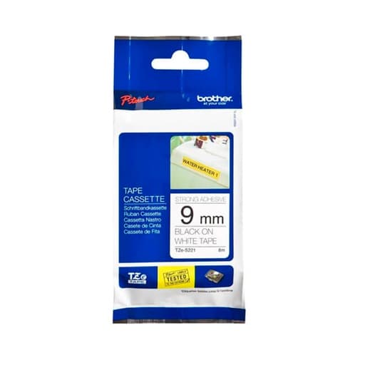 Cinta super adhesiva para rotulador BROTHER TZE-S221 · negro sobre blanco 9mm