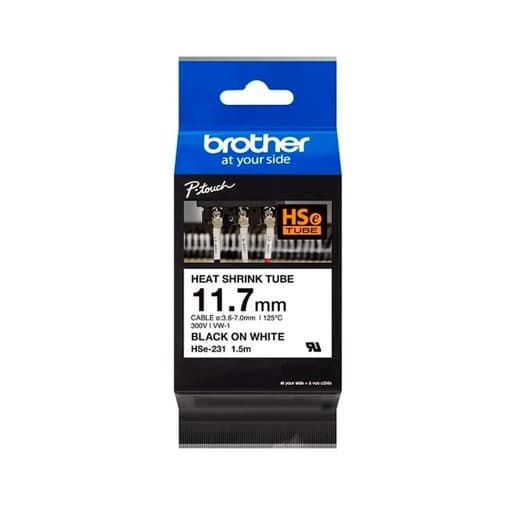 Cinta termocontraíble para rotulador BROTHER HSE-231 · negro sobre blanco 12mm