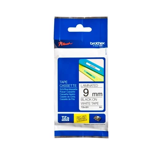 Cinta para rotulador BROTHER TZE-221 · negro sobre blanco 9mm