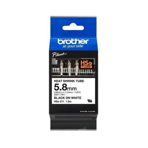 Cinta termocontraíble para rotulador BROTHER HSE-211 · negro sobre blanco 6mm