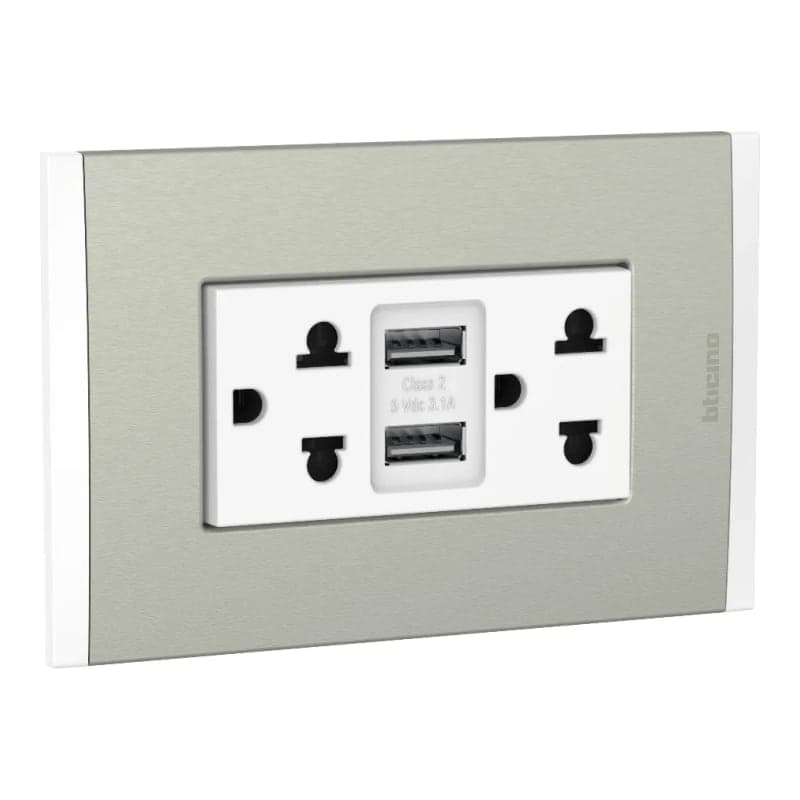 Toma duplex combi BTICINO AH2375USBEBMC · 2P+T universal 16A-250V + 2 USB tipo A blanco con placa aluminio champagne