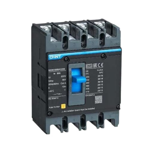 Interruptor de caja moldeada CHINT NXM-63H/4300B 10A · 4P 10A (Fijo) 75kA/220VAC 50kA/415VAC 25kA/500VAC (NXM-63H/4300B-10A)