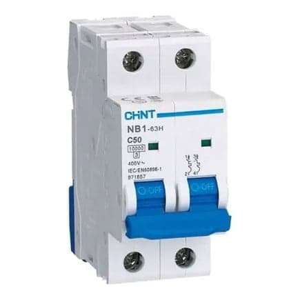 Interruptor termomagnético CHINT NB1-63H 2P C50 10KA · 2P 50A 230VAC 10kA curva C (NB1-63H-2P-C50-10KA)