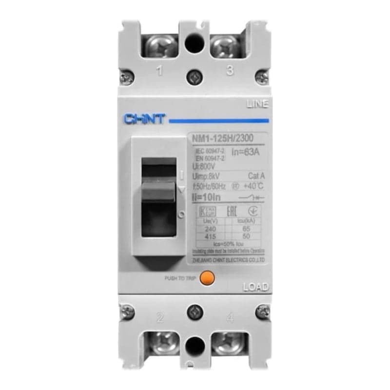 Interruptor de caja moldeada CHINT NM1-125H/2300 63A · 2P fijo 63A 50kA 415VAC (NM1-125H/2300-63A)