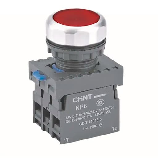 Pulsador luminoso CHINT NP8-10BND RED AC 110V-220V · 110-220V rojo(NA) 22mm NP8 (CHINT-PULSADOR-LUMINOSO-110-220V-110-220V)