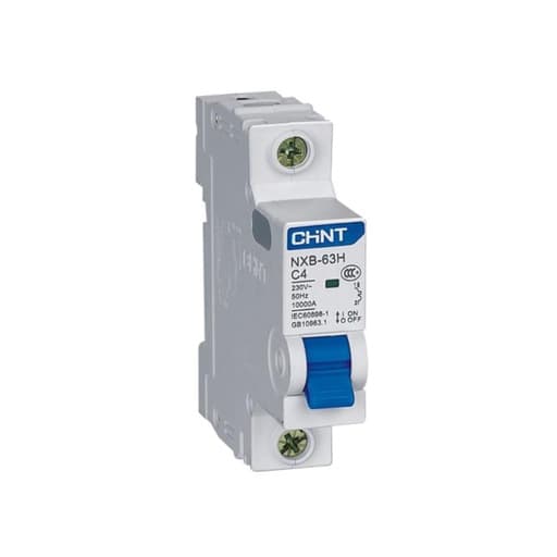 Interruptor termomagnético CHINT NXB-63H 1P C4 10kA · 1P 4A 230VAC 10kA curva C (NXB-63H-1P-C4-10KA)