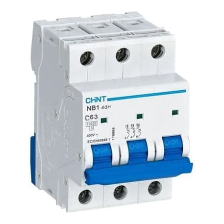 Interruptor termomagnético CHINT NB1-63H 3P C6 · 3P 6A 230VAC 10kA curva C (NB1-63H-3P-C6)