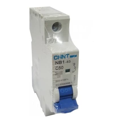 Interruptor termomagnético CHINT NB1-63 1P C50 · 1P 50A 230VAC 6kA curva C (NB1-63-1P-C50)