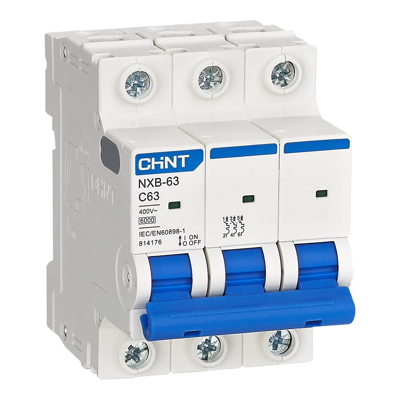 Imagen referencial de la serie: Interruptor termomagnético CHINT NXB-63 · 3P 20A curva C 6kA (NXB-63-3P-C20)