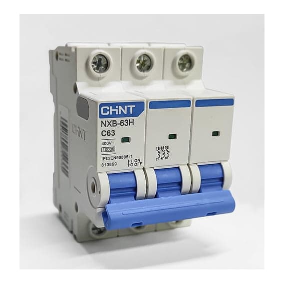 Interruptor termomagnético CHINT NB1-63 3P C63 6KA · 3P 63A 230VAC 6kA curva C (NB1-63-3P-C63-6KA)