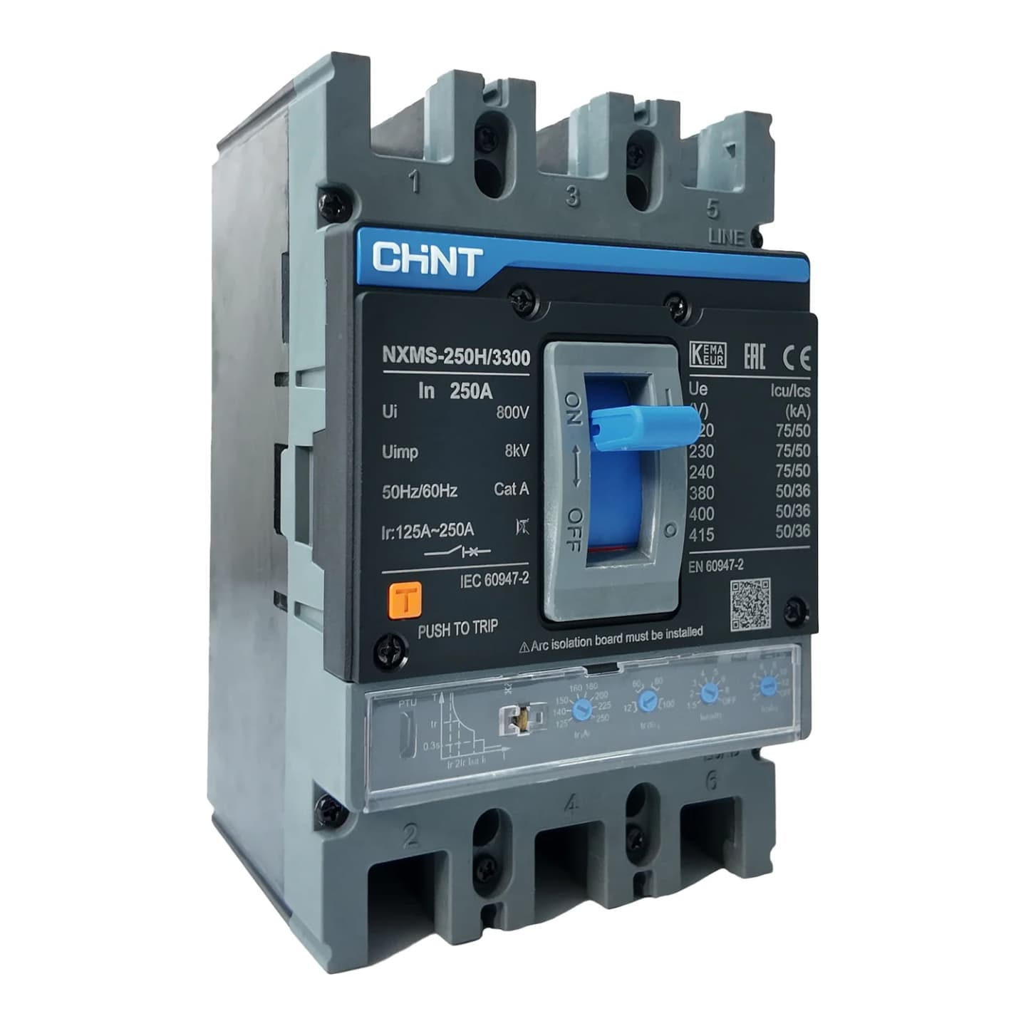 Interruptor de caja moldeada regulable CHINT NXMS-250H · 3P regulable 125–250A 50kA 415V (NXMS-250H-250A)