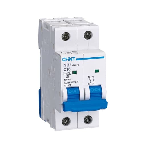 Interruptor termomagnético CHINT NB1-63H 2P C16 10KA · 2P 16A 230VAC 10kA curva C (NB1-63H-2P-C16-10KA)