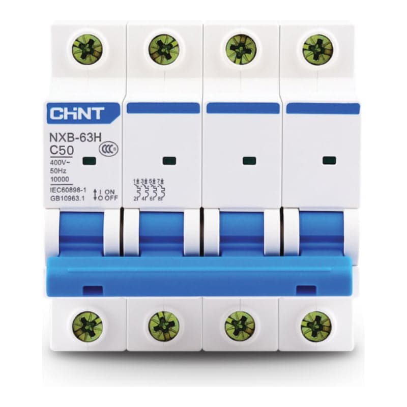 Interruptor termomagnético tetrapolar CHINT NXB-63 4P C50 6kA · 50A, 6kA (NXB-63-4P-C50-6KA)