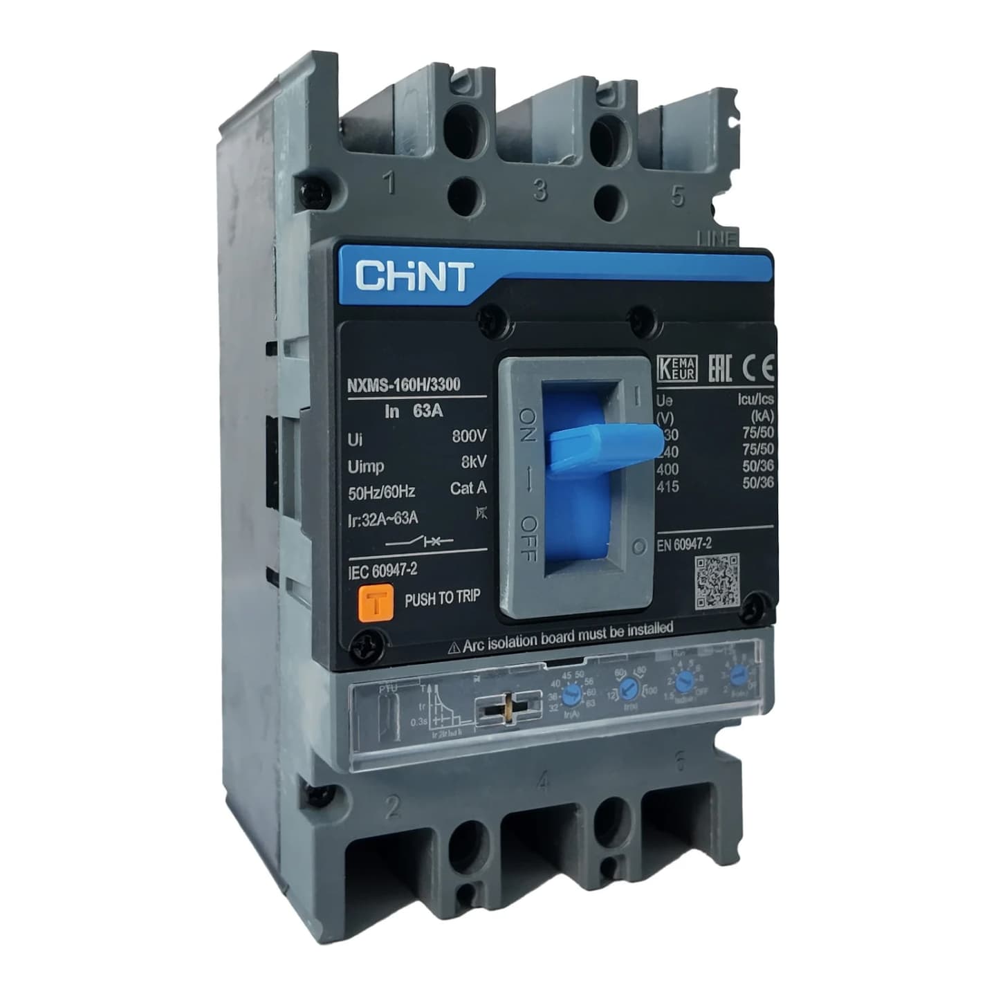 Interruptor de caja moldeada regulable CHINT NXMS-160H · 3P regulable 31.5–63A 50kA 415V (NXMS-160H-63A)