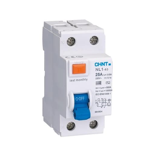Interruptor diferencial CHINT NL1-63 2P 25A 30mA A-SI · 2P, 25A, 30mA tipo A-SI (Super Inmunizado) (NL1-63-2P-25A-30MA-A-SI)