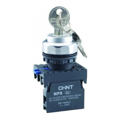 Selector con llave CHINT NP8-11Y/22 · 2 posic PVC Ø 22mm 1NA + 1NC con retorno