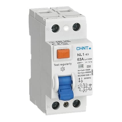Interruptor diferencial CHINT NL1-63 2P 63A 30mA A-SI · 2P, 63A, 30mA, tipo A-Si (Super Inmunizado) (NL1-63-2P-63A-30MA-A-SI)