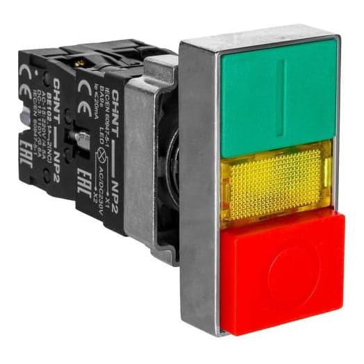 Pulsador doble CHINT NP2-BW8465 230V LED · Rojo/Verde con lámpara LED amarilla 230V (NA+NC) (NP2-BW8465-230V-LED)