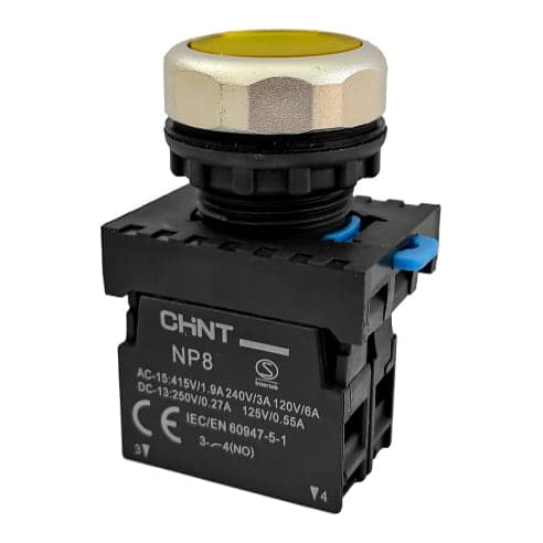 Pulsador luminoso rasante PVC CHINT NP8-10BND/5 Y · amarillo Ø22mm 110-220VAC con LED 1NA (NP8-10BND/5-Y)