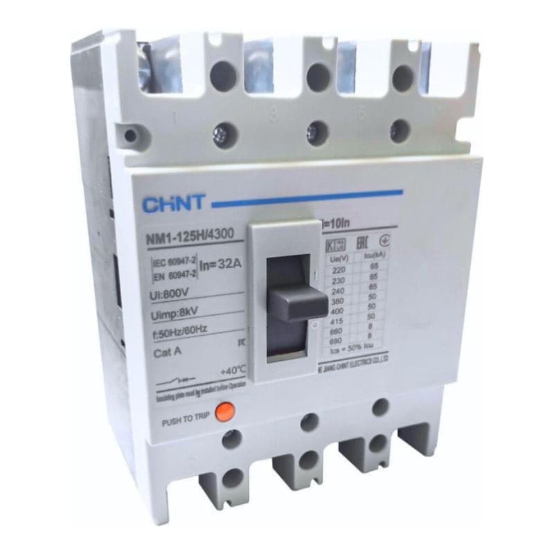 Interruptor de caja moldeada CHINT NM1-63H/4300 32A · 4P 32A (Fijo) 400V:35kA (NM1-63H/4300-32A)
