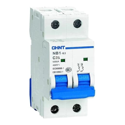 Interruptor termomagnético CHINT NB1-63 2P C25 6KA · 2P 25A 230VAC 6kA curva C (NB1-63-2P-C25-6KA)