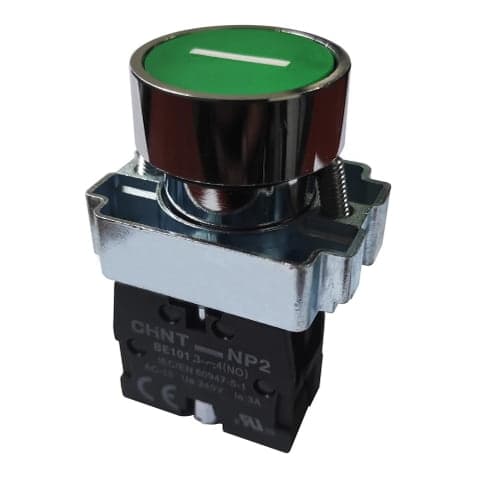 Pulsador rasante metal CHINT NP2-BA3311 · Verde-I raya blanca Ø22mm 1NA