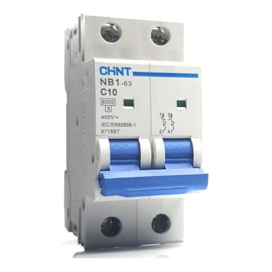 Interruptor termomagnético CHINT NB1-63 2P C10 · 2P 10A 230VAC 6kA curva C (NB1-63-2P-C10)
