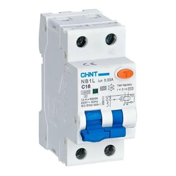 Interruptor termomagnético con diferencial CHINT NB1L · 1P+N 16A curva C 30mA tipo AC 10kA (NB1L-C16)