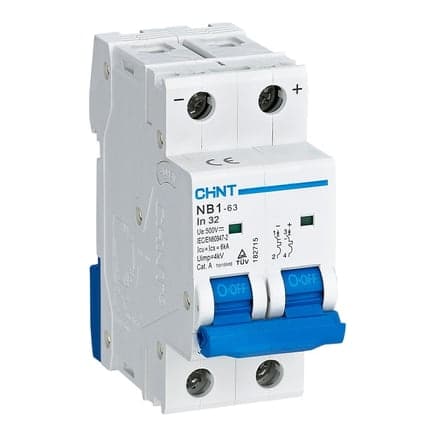Interruptor termomagnético CHINT NB1-63 2P C50 DC/AC 250V - 10KA · 2P 50A DC / AC 250V 10kA (CHINT-INTERRUPTOR-TERMOMAGNETICO-RIEL-50A)