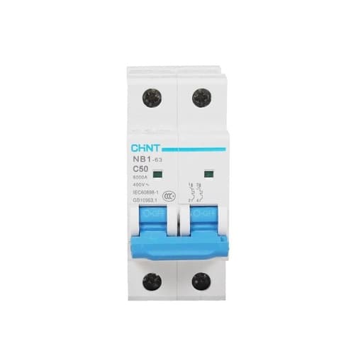 Interruptor termomagnético CHINT NB1-63 2P C50 6KA · 2P 50A 230VAC 6kA curva C (NB1-63-2P-C50-6KA)