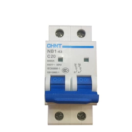 Interruptor termomagnético CHINT NB1-63 2P C20 6KA · 2P 20A 230VAC 6kA curva C (NB1-63-2P-C20-6KA)
