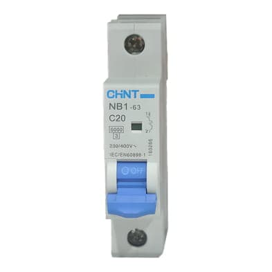 Interruptor termomagnético CHINT NB1-63 1P C20 · 1P 20A 230VAC 6kA curva C (NB1-63-1P-C20)