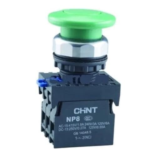 Pulsador parada emergencia PVC CHINT NP8-11M/13 · Ø22mm hongo 40mm verde 1NA + 1NC T. seta con re