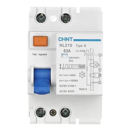 Interruptor diferencial CHINT NL210 2P 63A 30mA B 10kA · 30mA, tipo B - 10kA (NL210-2P-63A-30MA-B-10KA)
