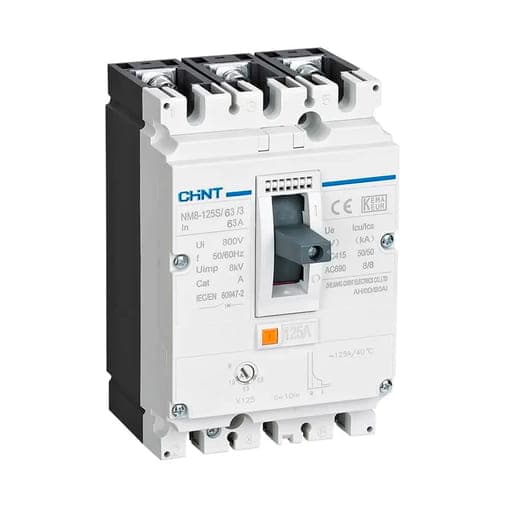 Interruptor de caja moldeada CHINT NM8-125S/63/3 · 3P regulable 50.4-63A 50kA 415VAC Nm8 (0.8-1 In)