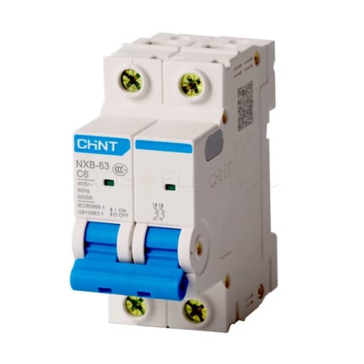 Interruptor termomagnético monofásico CHINT NXB-63 2P B10 6kA · 2P 10A, 6kA curva B (NXB-63-2P-B10-6KA)