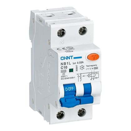 Interruptor termomagnético con protección diferencial CHINT NB1L 1PN C10 · 1P+N, 10A, 30mA, 10kA (NB1L-1PN-C10)