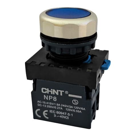 Pulsador luminoso rasante PVC CHINT NP8-10BND/6 B · azul Ø22mm 110-220VAC con LED 1NA (NP8-10BND/6-B)