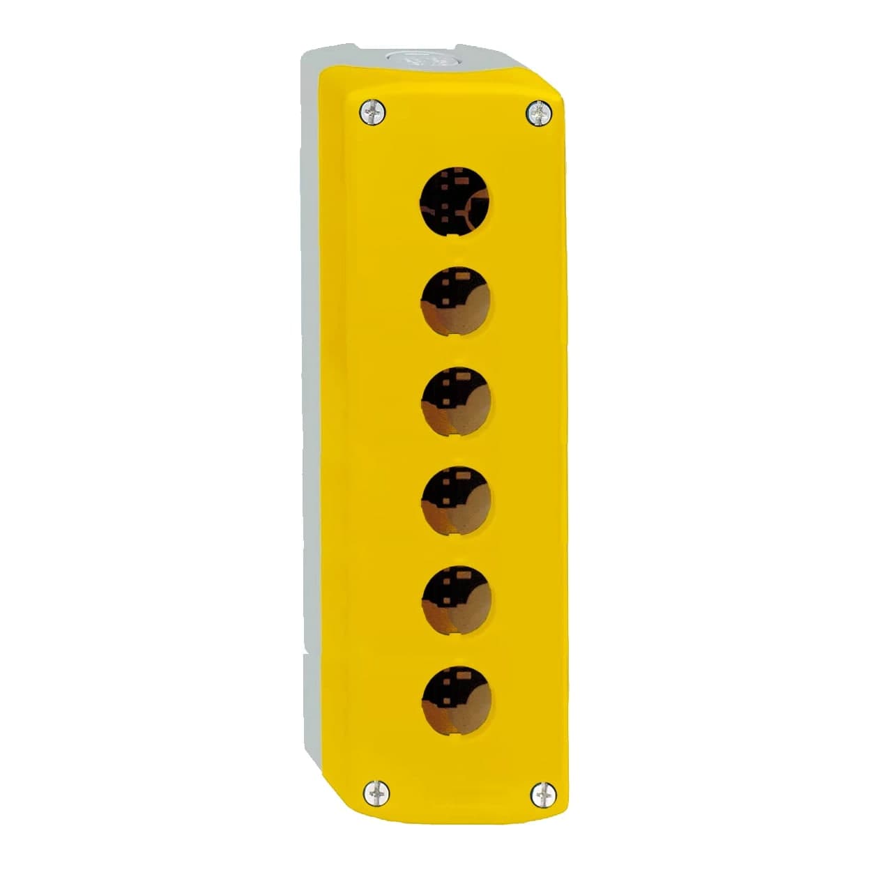 Caja para pulsadores CNC NOBY-6 · 6 huecos amarilla, base gris (NOBY-6-AMARILLO)