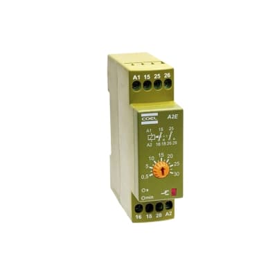 Imagen referencial de la serie: Temporizador electrónico retardo energización COEL A2E-DFS · 0.5-30s/m 220VAC 2NA/2NC DIN